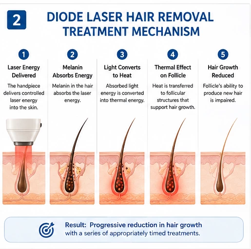 Diode Laser Hair Removal Treatment Mechanism Diode laser hair removal mechanism showing laser energy absorbed by melanin, converted into heat and transferred to the hair follicle to reduce hair growth