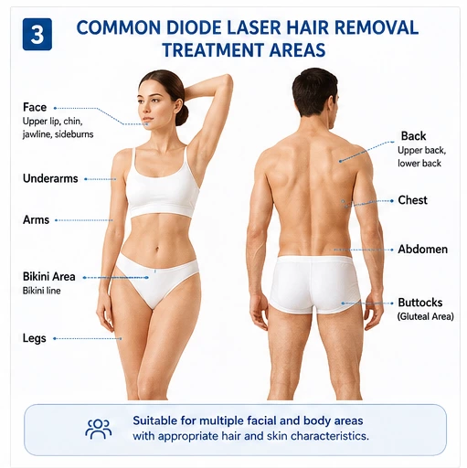 Common Diode Laser Hair Removal Treatment Areas Common diode laser hair removal treatment areas including face, underarms, arms, bikini area, legs, back, chest and abdomen