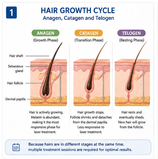 Hair Growth Cycle for Diode Laser Hair Removal Hair growth cycle diagram showing anagen, catagen and telogen phases and why multiple diode laser hair removal sessions are required