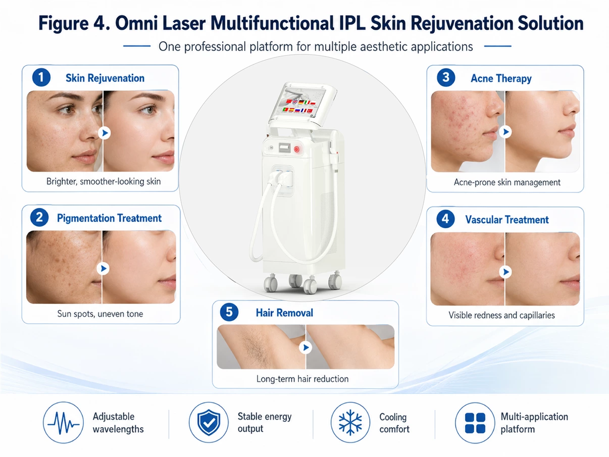 Omni Laser Multifunctional IPL Skin Rejuvenation Solution Omni Laser multifunctional IPL system for skin rejuvenation, pigmentation, acne, vascular treatment and hair removal
