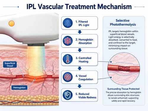 IPL Vascular Treatment Mechanism IPL vascular treatment mechanism showing filtered light absorption by hemoglobin, controlled heating, vessel coagulation and reduced visible redness
