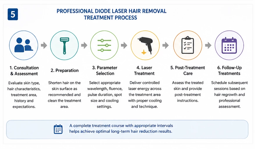 Professional Diode Laser Hair Removal Treatment Process Professional diode laser hair removal treatment process from consultation and skin assessment to parameter selection, laser treatment, post-treatment care and follow-up
