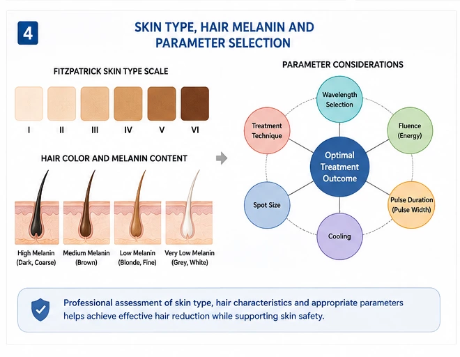 Diagram showing how skin type, hair melanin, wavelength, fluence, pulse duration, spot size and cooling influence diode laser hair removal parameter selection