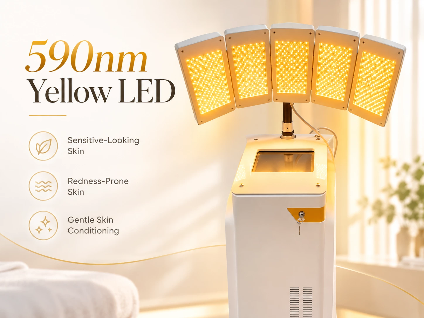 Professional 590nm yellow LED facial treatment for sensitive-looking and redness-prone skin care