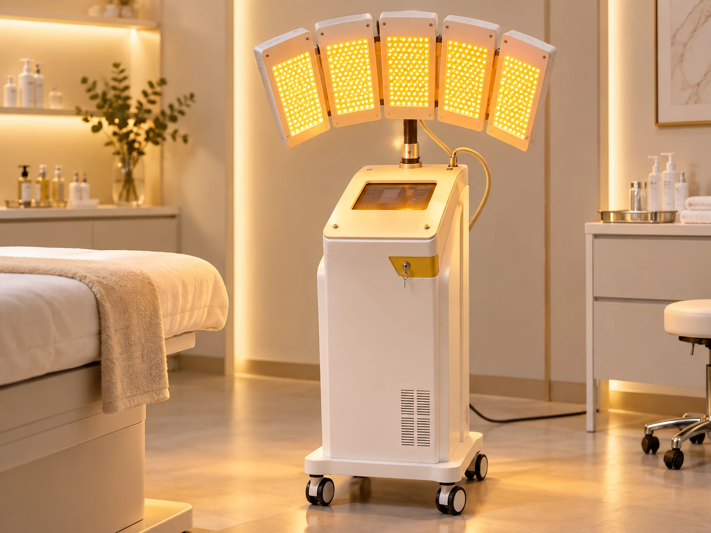 Professional yellow LED therapy device using 590nm light for sensitive skin care and gentle facial conditioning