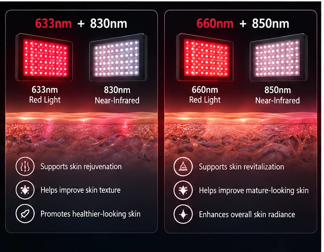 Comparison of 633nm red with 830nm near-infrared and 660nm red with 850nm near-infrared LED combinations