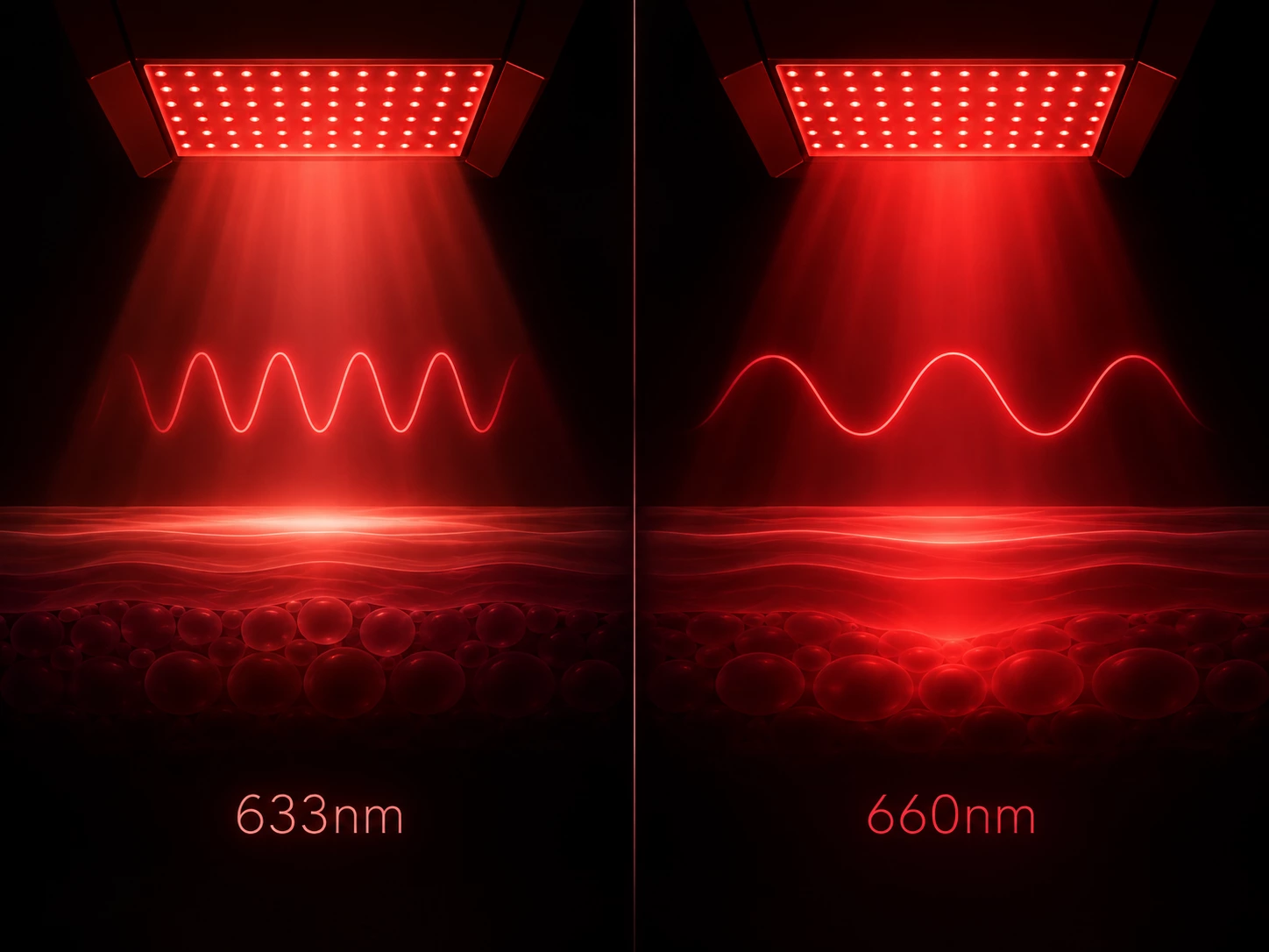 633nm vs 660nm Red LED Light Comparison of 633nm and 660nm red LED light for professional skin rejuvenation applications
