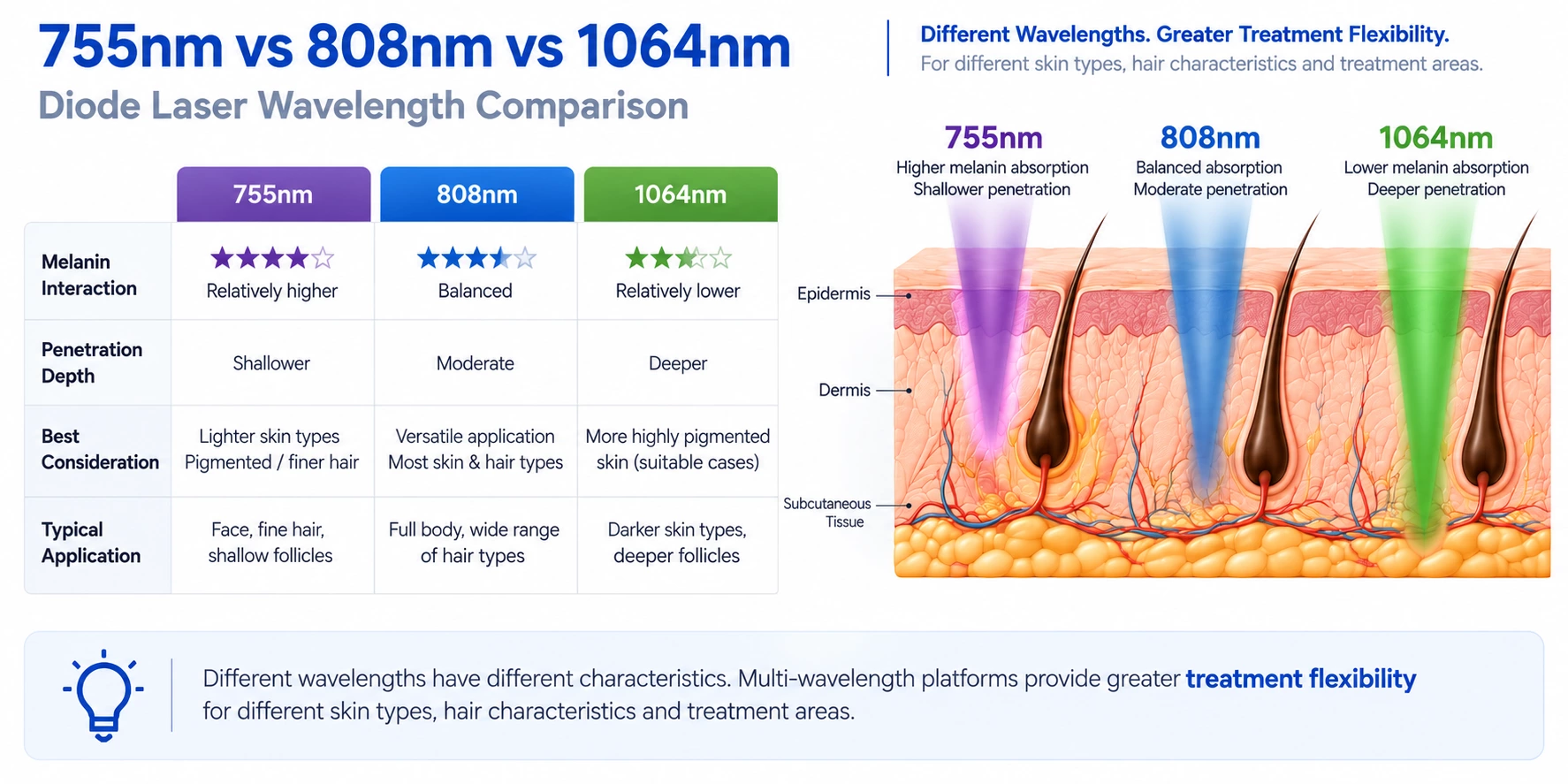 755nm vs 808nm vs 1064nm Diode Laser Wavelength Comparison Comparison of 755nm, 808nm and 1064nm diode laser wavelengths showing differences in melanin interaction, penetration depth and suitability for different skin and hair characteristics