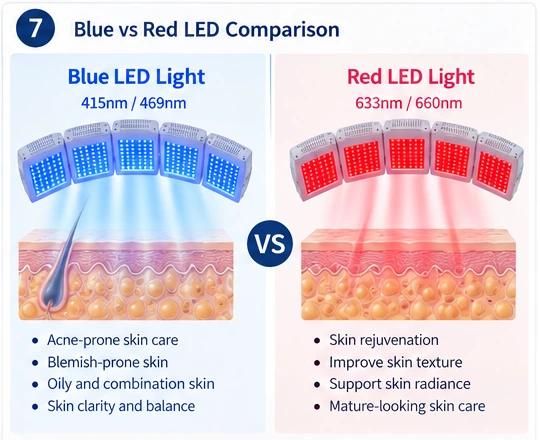 Blue LED Light vs Red LED Light Comparison of blue and red LED light for professional aesthetic skin care