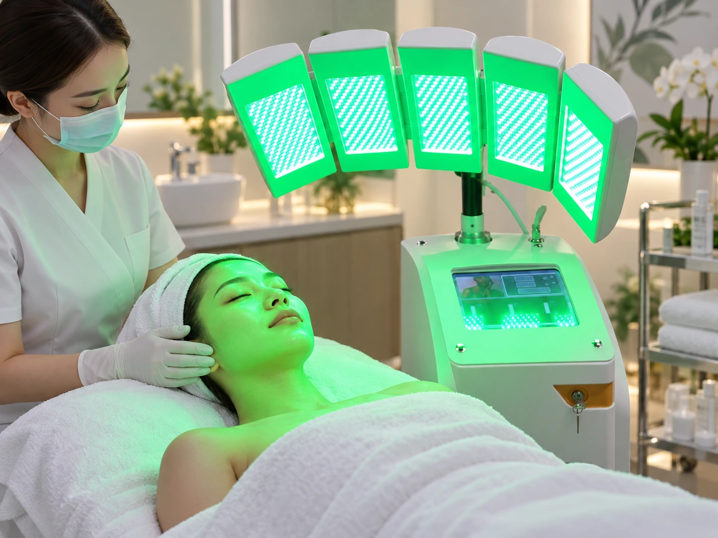 Professional green LED light therapy used in an aesthetic clinic for complexion care and skin conditioning