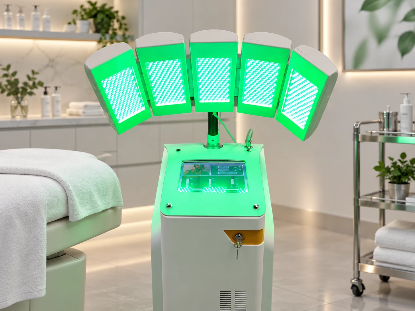 Professional green LED light therapy for uneven-looking skin tone and complexion care in an aesthetic clinic