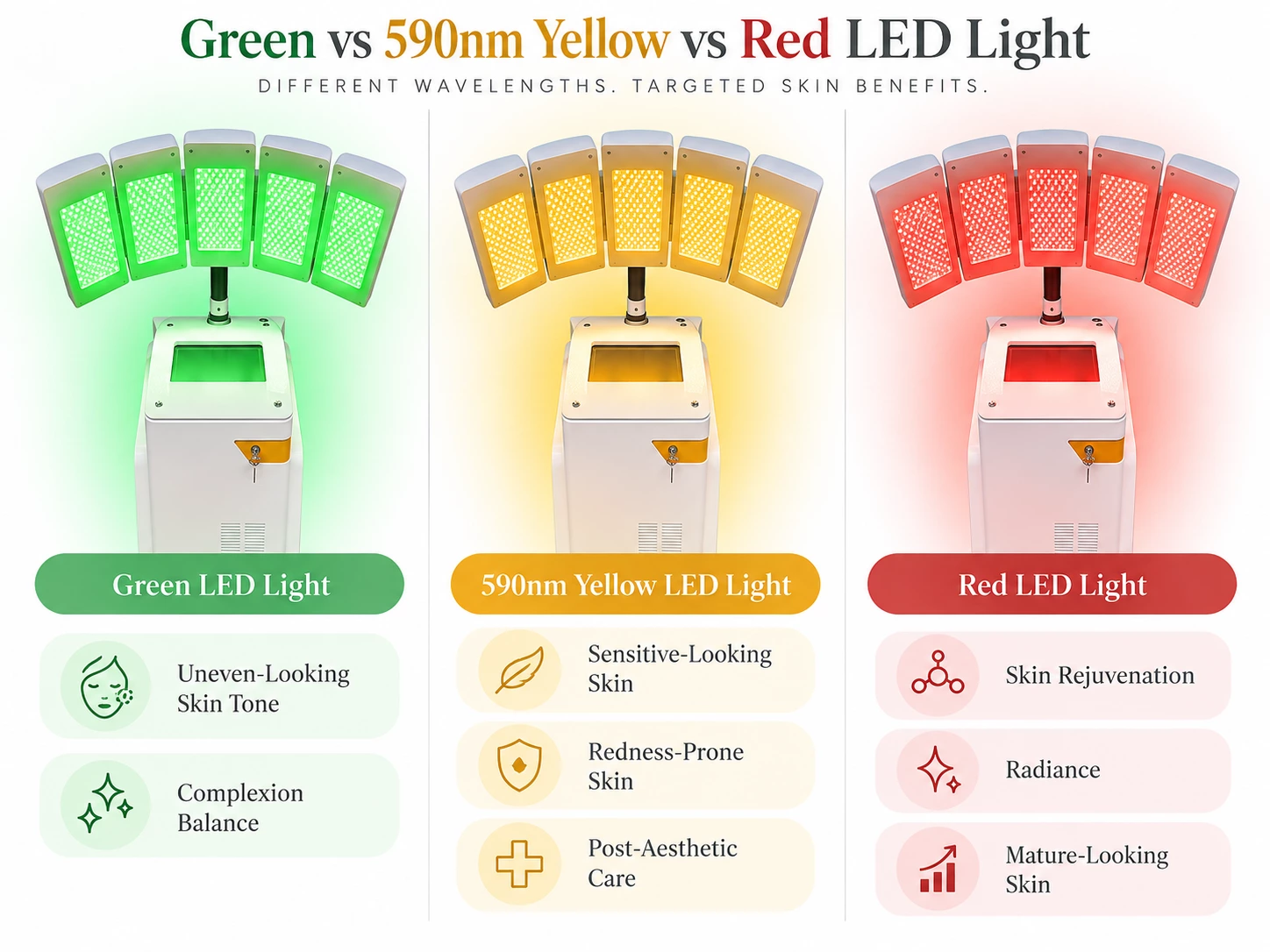 Comparison of green 590nm yellow and red LED light for professional aesthetic skin care applications
