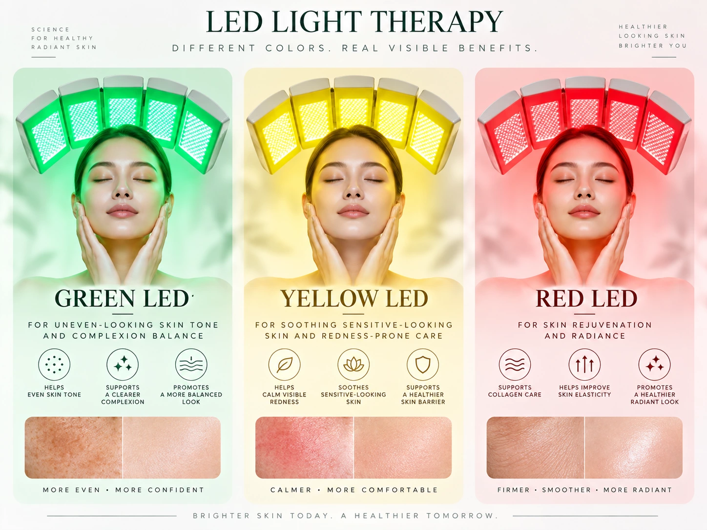 Comparison of green yellow and red LED light for professional aesthetic skin care and multi-wavelength facial programs