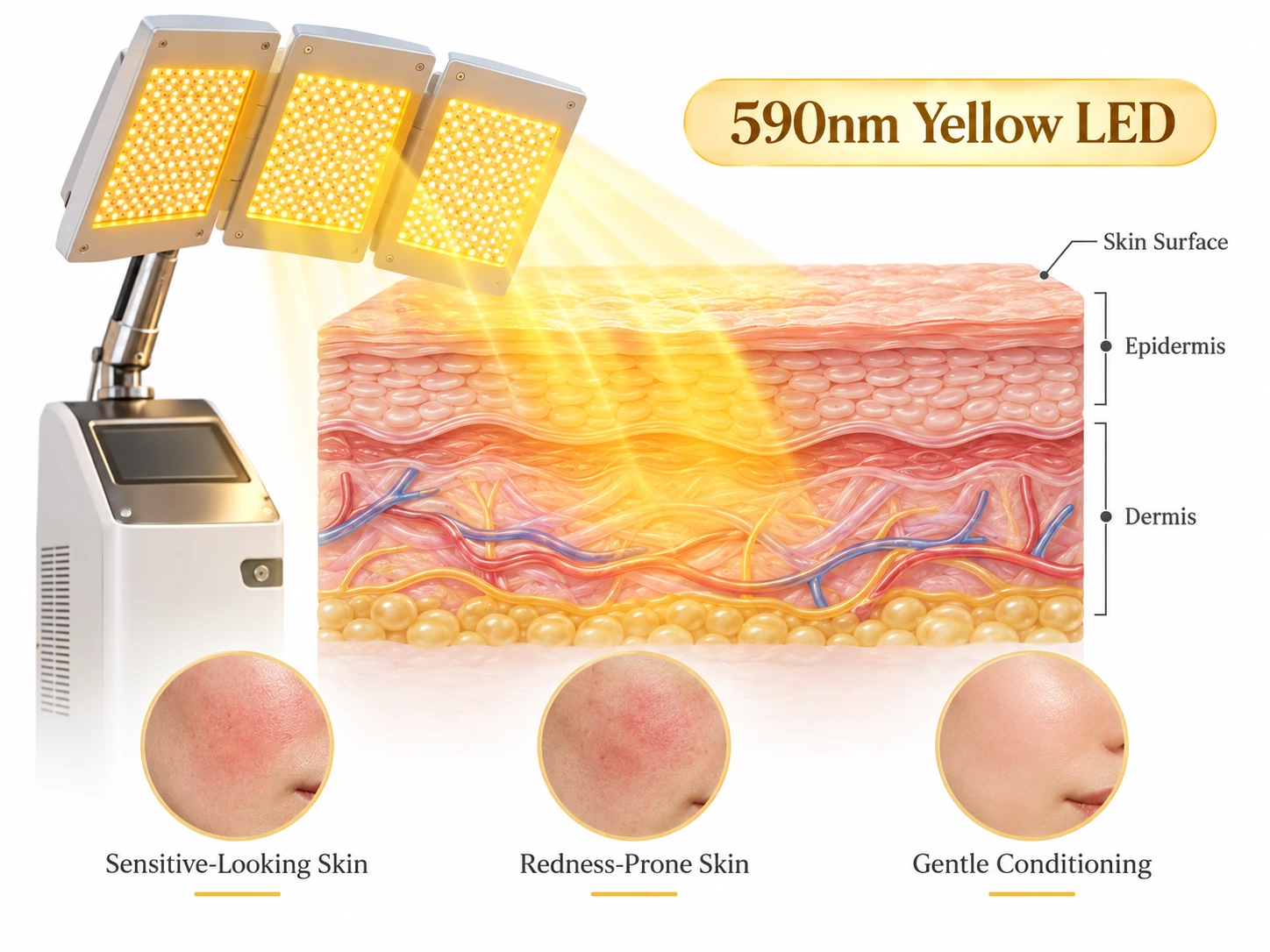 590nm yellow LED light interacting with skin layers during professional aesthetic skin conditioning
