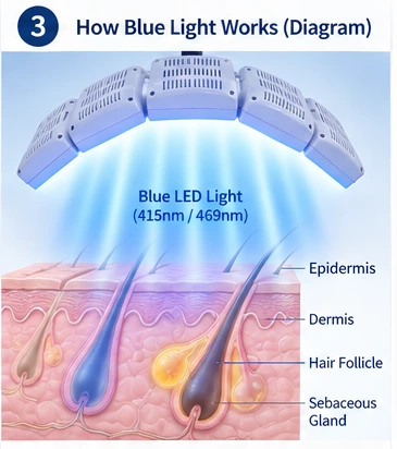 How Blue LED Light Works in Acne-Prone Skin Care Blue LED light interacting with superficial skin and follicles in acne-prone skin care