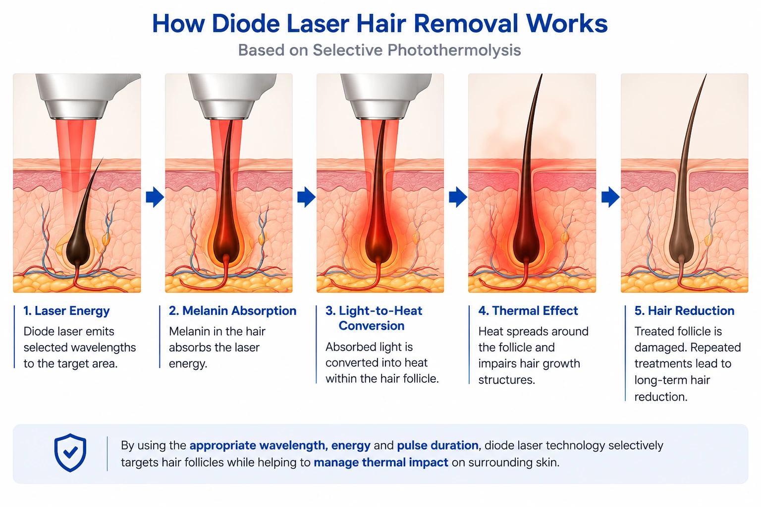 Diagram showing how diode laser hair removal works through selective photothermolysis, including laser energy delivery, melanin absorption, light-to-heat conversion, follicular thermal effect and progressive hair reduction