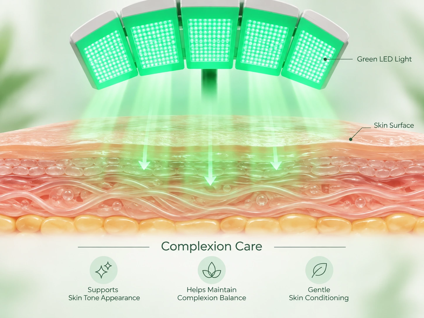 Green LED light interacting with superficial skin layers during professional complexion and skin-conditioning care