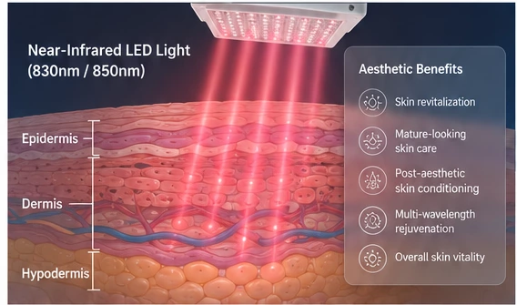 How Near-Infrared LED Light Works in the Skin Near-infrared LED light penetrating skin layers during professional aesthetic skin revitalization