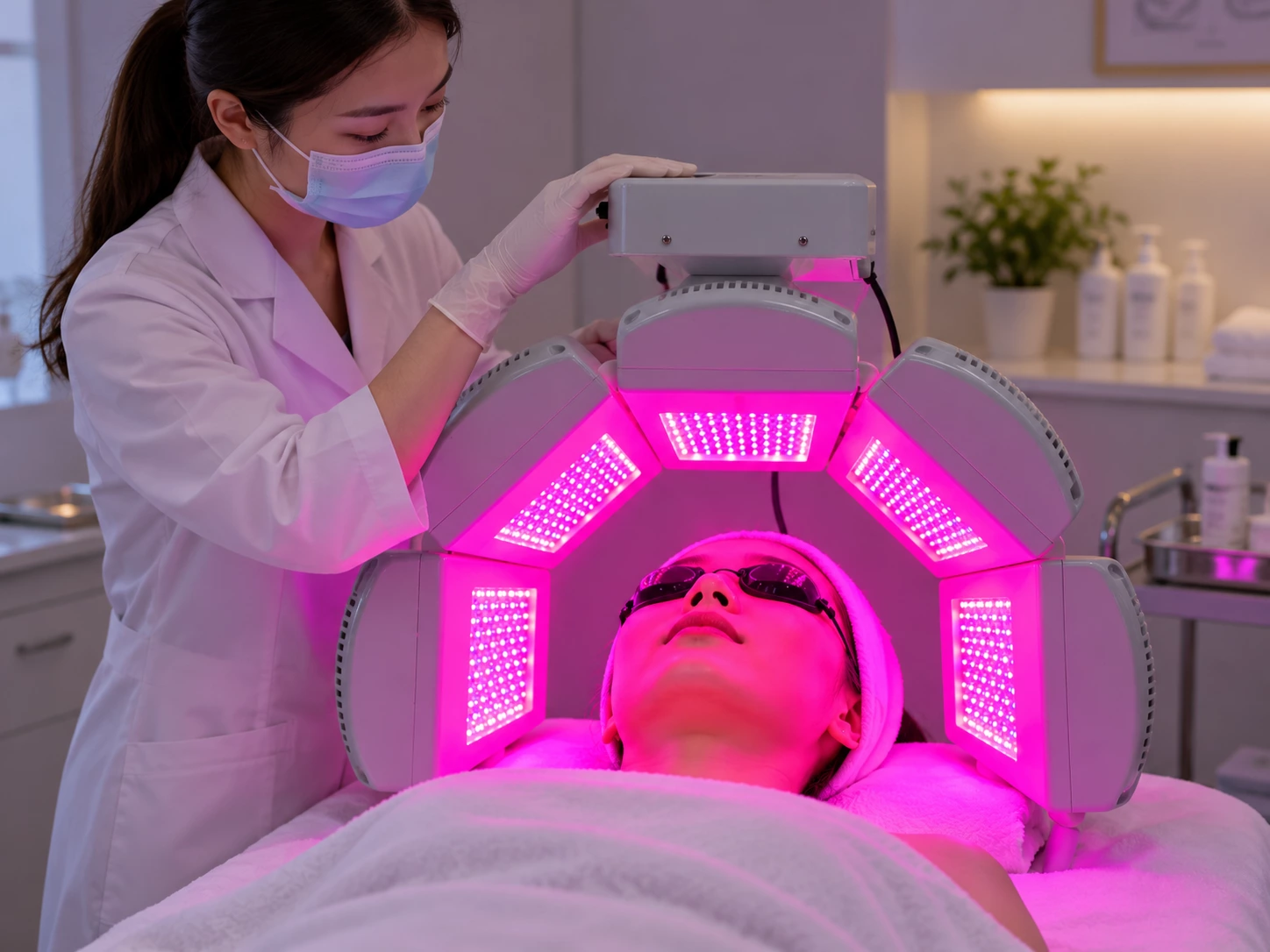 Professional red and blue LED facial treatment for acne-prone skin clearer-looking skin and balanced complexion