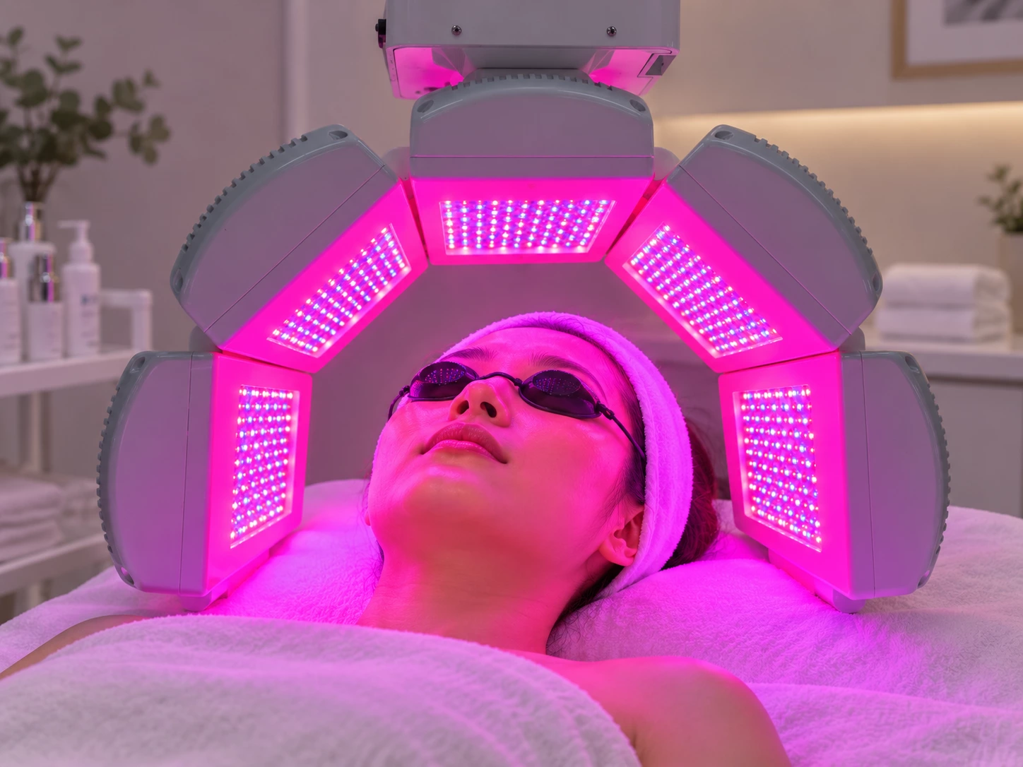 Professional red and blue LED light therapy for acne-prone blemish-prone and oily skin care in an aesthetic clinic