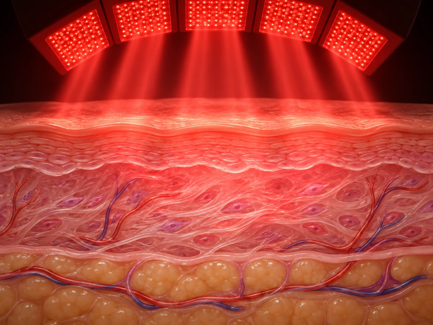 How Red LED Light Works in the Skin Red LED light penetrating skin layers in a professional skin rejuvenation treatment diagram