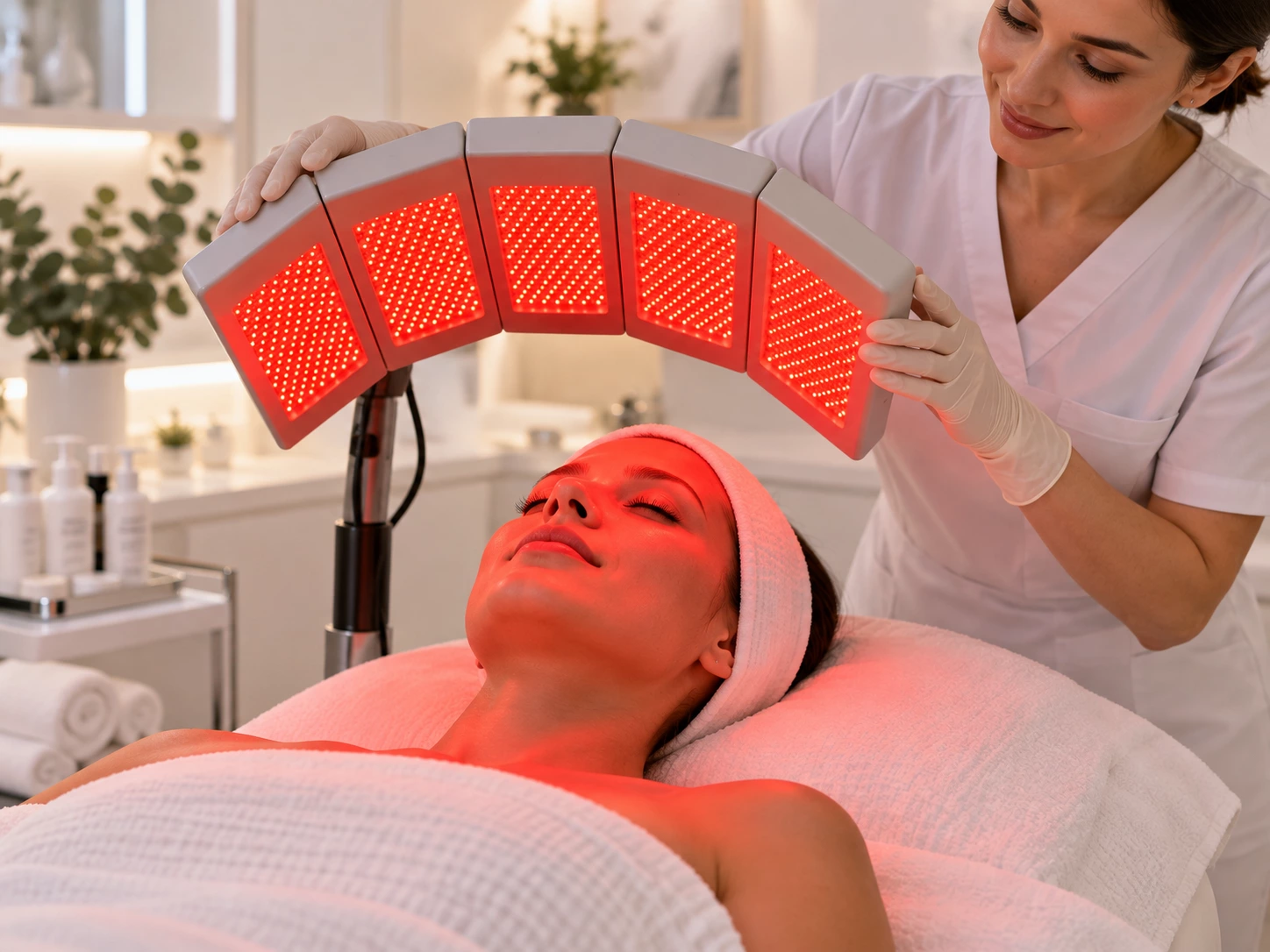 Professional Red LED Treatment in Clinic Red LED light therapy used in a professional aesthetic clinic for facial skin care