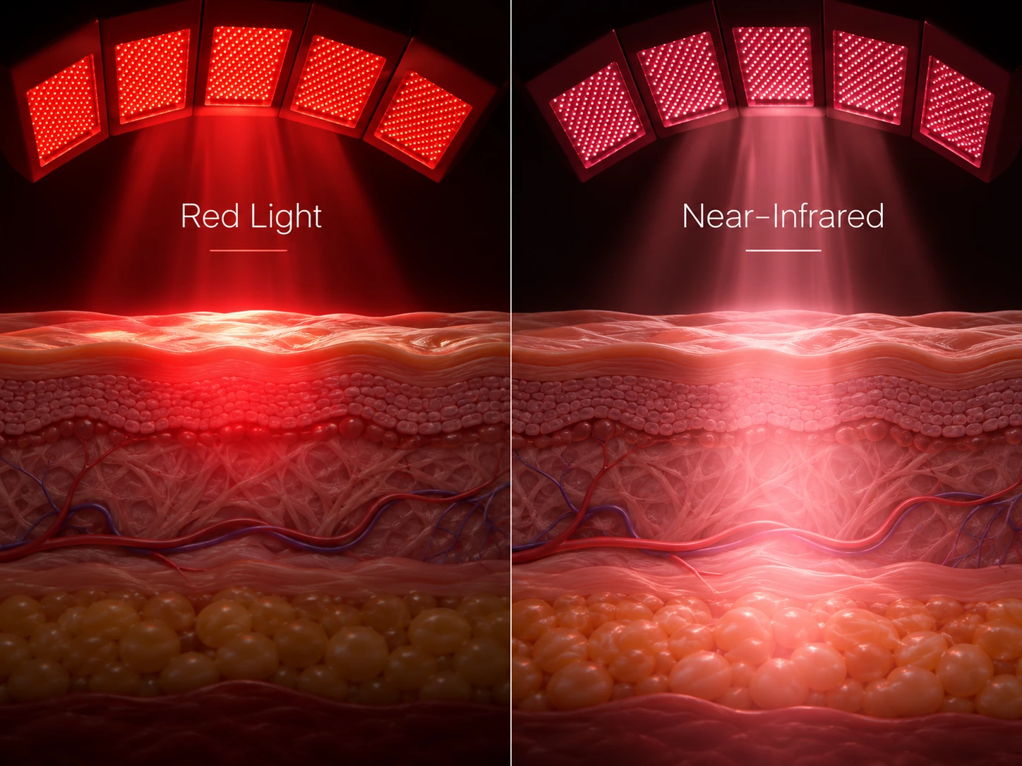 Red Light vs Near-Infrared Light Comparison of red light and near-infrared light penetration in professional LED skin care