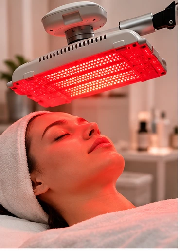 Professional red and near-infrared LED therapy for skin rejuvenation and mature-looking skin care in an aesthetic clinic