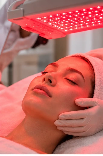 Professional red and near-infrared LED facial treatment for mature-looking skin radiance and skin conditioning