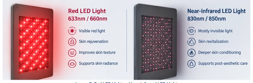 Red LED Light vs Near-Infrared LED Light Comparison of red LED light and near-infrared LED light for professional skin rejuvenation and skin conditioning