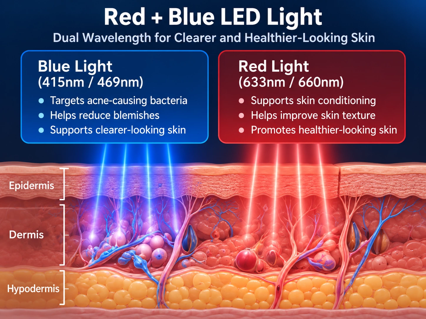 Blue and red LED light interacting with different skin layers for acne-prone skin care and skin conditioning