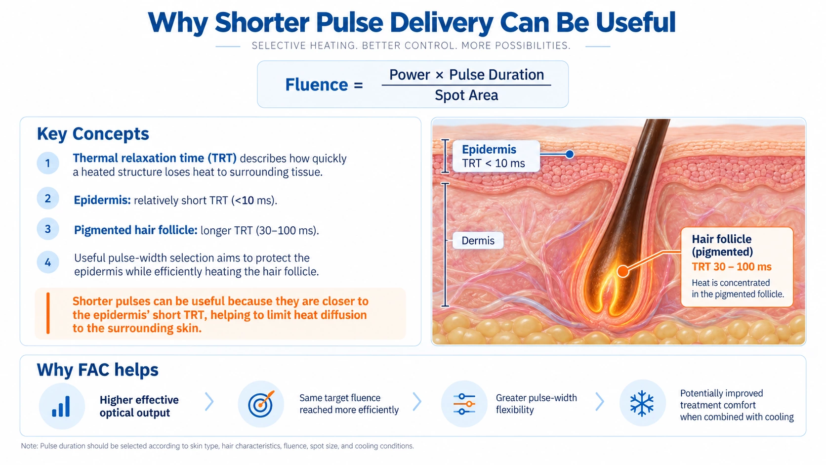 Diagram showing how FAC optical efficiency, pulse duration and thermal relaxation time of the epidermis and pigmented hair follicle influence diode laser energy delivery and treatment comfort