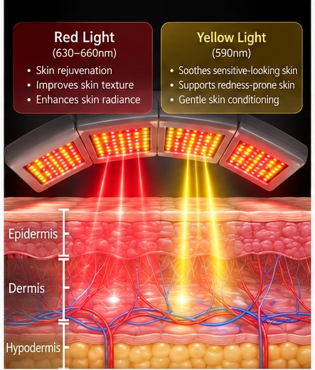 Red and 590nm yellow LED light interacting with skin layers for sensitive-looking skin care and rejuvenation support