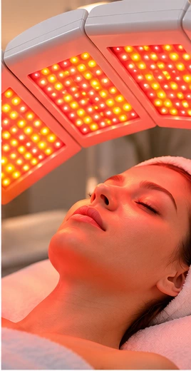 Professional red and 590nm yellow LED facial treatment for sensitive-looking redness-prone skin and gentle rejuvenation