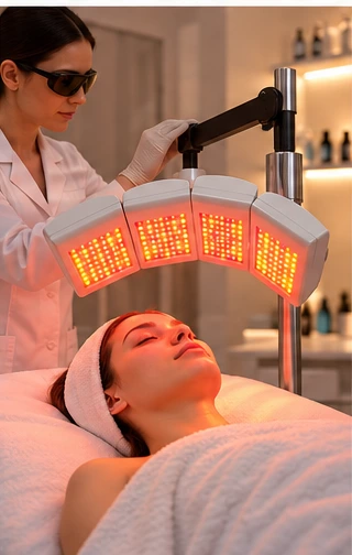 Professional red and 590nm yellow LED therapy used in an aesthetic clinic for skin conditioning and post-aesthetic care