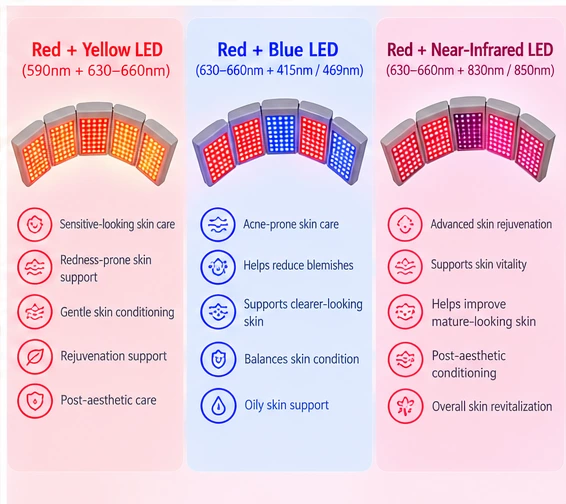 Comparison of red and yellow red and blue and red and near-infrared LED programs for professional aesthetic skin care