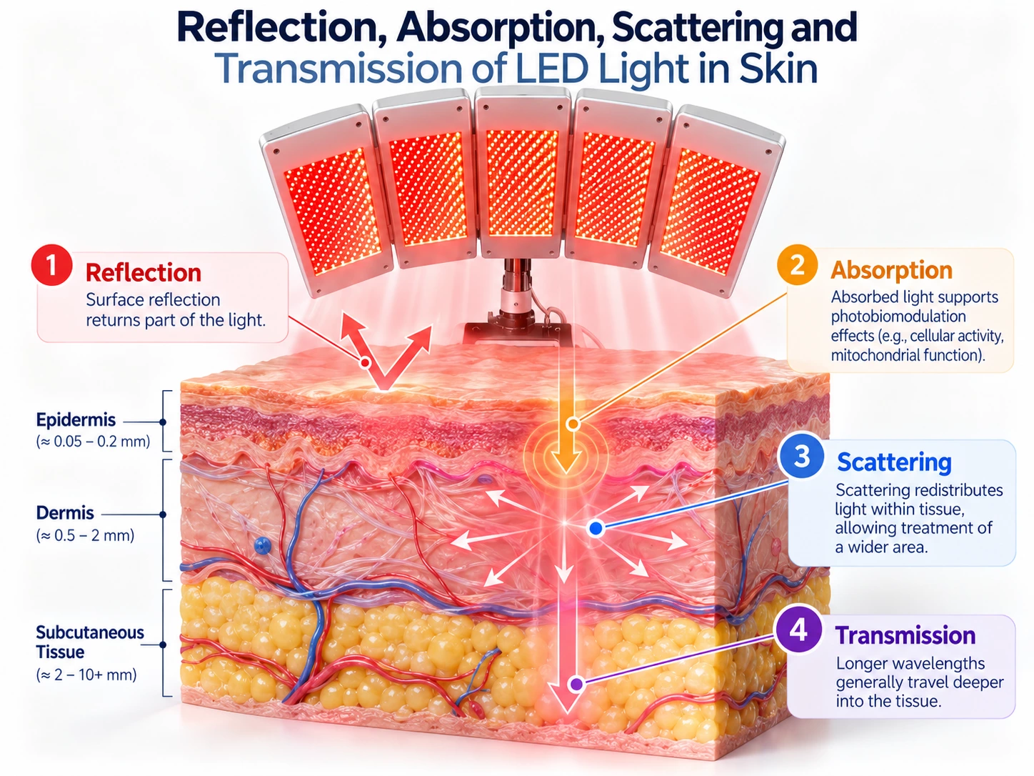 Diagram showing reflection absorption scattering and transmission of LED light as it interacts with different layers of human skin