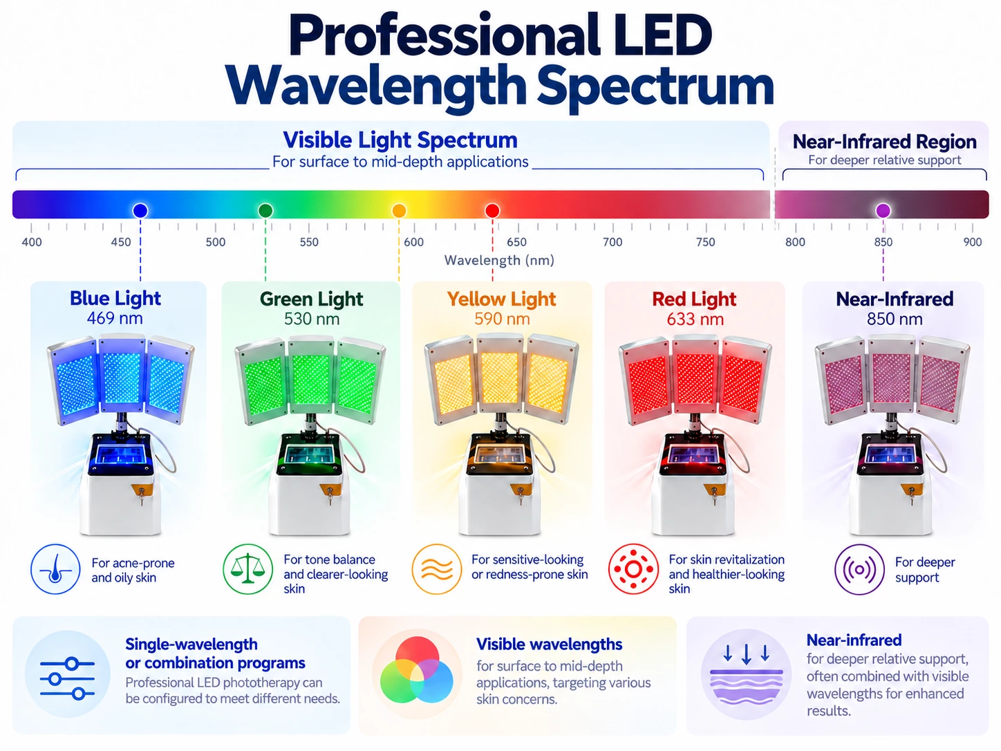 Professional LED wavelength spectrum showing 469nm blue 530nm green 590nm yellow 633nm red and 850nm near-infrared light